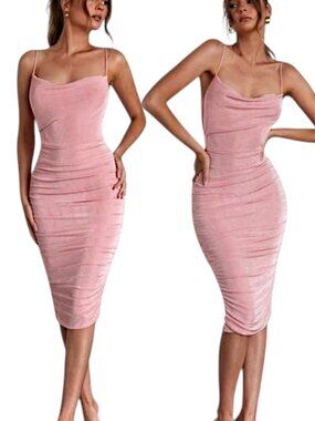 Saints + Secrets Pink Ruched Bodycon Midi Dress Women's Size M